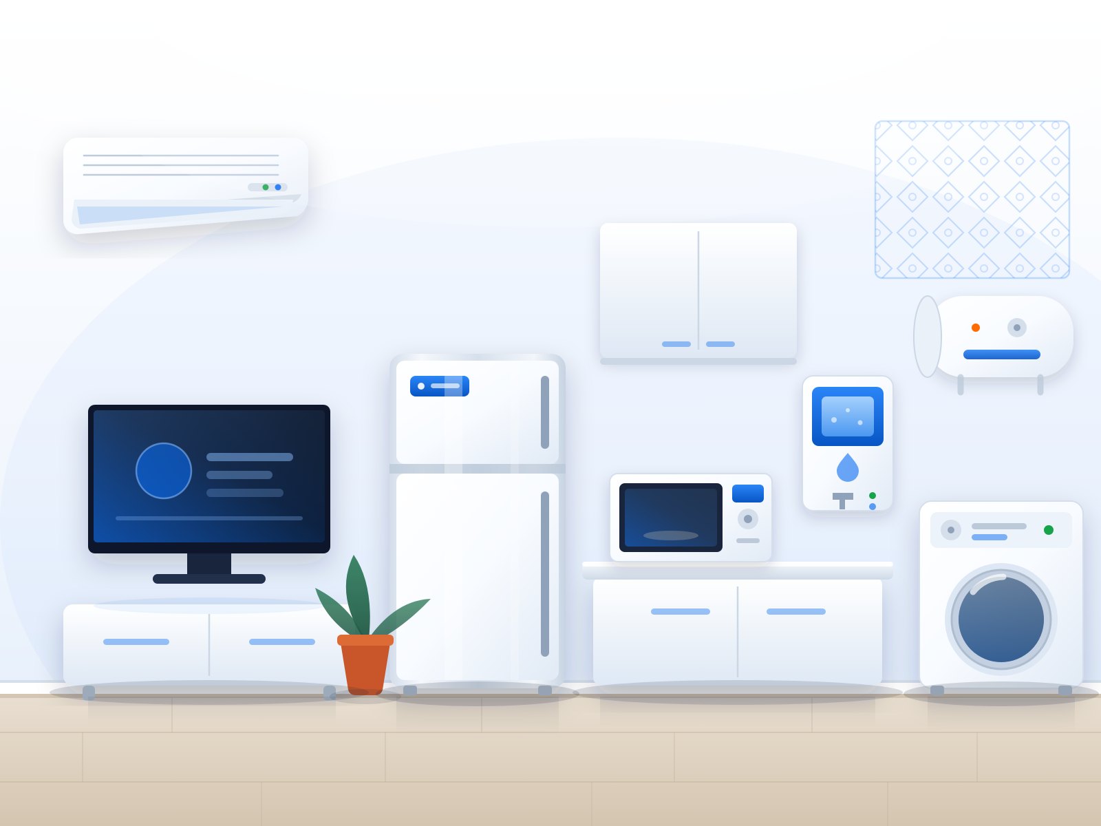Modern Indian home interior with split AC, double-door refrigerator, front-load washing machine, RO water purifier, microwave oven, smart LED TV and geyser