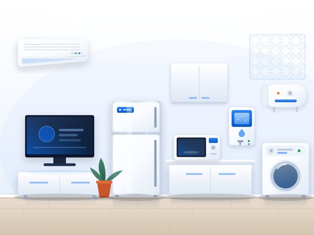 Modern Indian home interior with split AC, double-door refrigerator, front-load washing machine, RO water purifier, microwave oven, smart LED TV and geyser